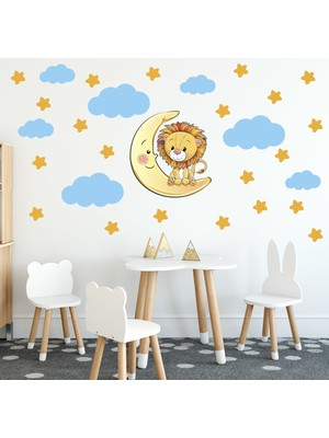 Tilki Dünyası Sevimli Aslan Sarı Yıldızlar ve Mavi Bulutlar Dekoratif Bebek Çocuk Odası Duvar Sticker
