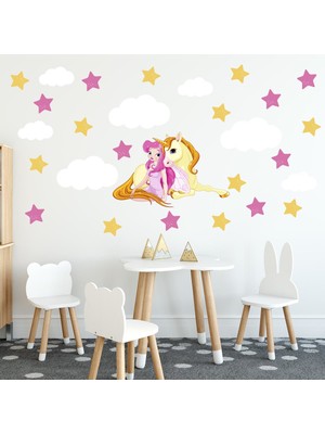 Tilki Dünyası Beyaz Bulutlar Unicorn ve Sevimli Prenses Çocuk Odası Sticker