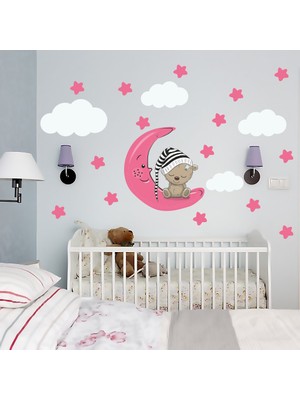 Tilki Dünyası Uyuyan Ayıcık Fuşya Yıldızlar ve Beyaz Bulutlar Dekoratif Bebek Çocuk Odası Duvar Sticker