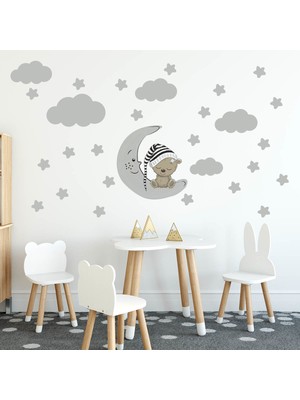 Tilki Dünyası Uyuyan Ayıcık Gri Yıldızlar ve Gri Bulutlar Dekoratif Bebek Çocuk Odası Sticker