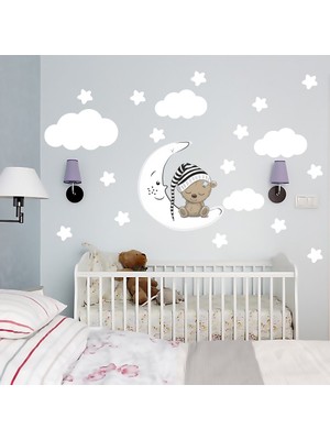 Tilki Dünyası Uyuyan Ayıcık Beyaz Yıldızlar ve Bulutlar Dekoratif Bebek Çocuk Odası Duvar Sticker