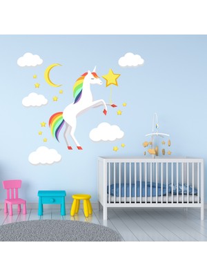 Tilki Dünyası Unicorn Ay Yıldızlar ve Bulutlar Çocuk Odası Sticker Seti