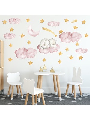 Tilki Dünyası Bulut Üzerinde Uyuyan Yavru Fil Yıldızlar Pembe Bulutlar Çocuk Odası Sticker