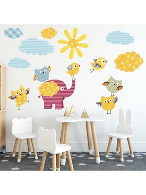 Tilki Dünyası Sevimli Fil Baykuşlar Kuşlar Bulutlar Konsept Sticker