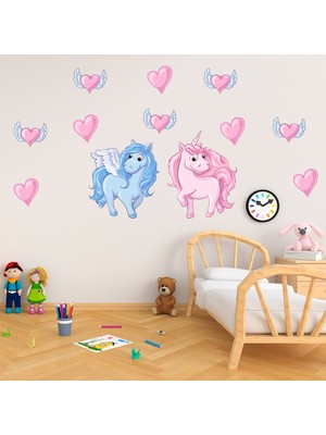 Tilki Dünyası Pembe ve Mavi Unicorn Kanatlı Pembe Kalpler