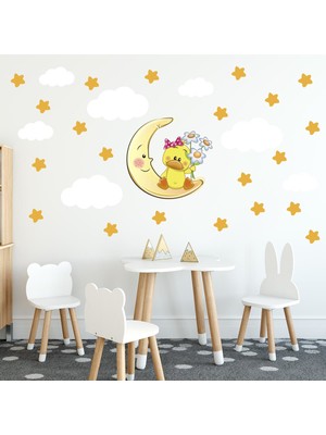 Tilki Dünyası Sevimli Ördek Sarı Yıldızlar ve Beyaz Bulutlar Dekoratif Bebek Çocuk Odası Duvar Sticker