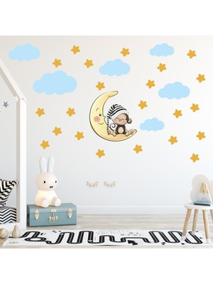 Tilki Dünyası Uyuyan Maymun Sarı Yıldızlar ve Mavi Bulutlar Dekoratif Bebek Çocuk Odası Duvar Sticker