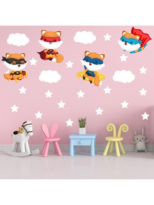 Tilki Dünyası Sevimli Süper Kahraman Tilkiler Çocuk Odası Duvar Sticker Seti