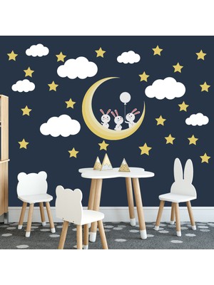 Tilki Dünyası Sevimli Tavşanlar Sarı Yıldız ve Beyaz Bulut Bebek Çocuk Odası Sticker