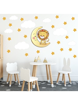 Tilki Dünyası Sevimli Aslan Sarı Yıldızlar ve Beyaz Bulutlar Dekoratif Bebek Çocuk Odası Duvar Sticker
