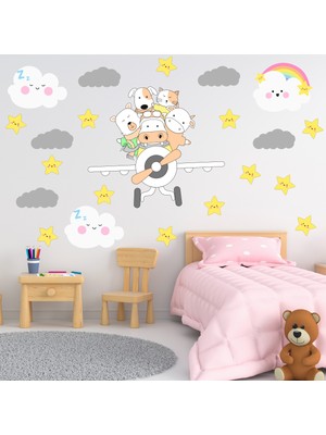 Tilki Dünyası Uçaktaki Sevimli Hayvanlar Sevimli Bulutlar Gri Bulutlar Sarı Yıldızlar