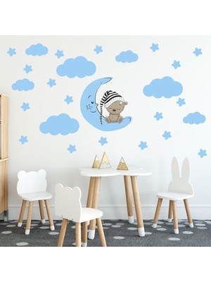 Tilki Dünyası Sevimli Ayıcık Mavi Yıldızlar ve Bulutlar Dekoratif Bebek Çocuk Odası Duvar Sticker