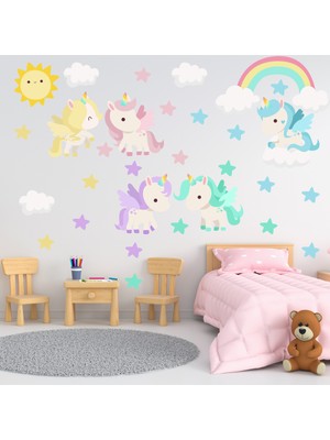 Tilki Dünyası Rengarenk Unicornlar Gökkuşağı Güneş ve Yıldızlar