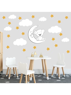 Tilki Dünyası Sevimli Beyaz Ayıcık Sarı Yıldızlar ve Bulutlar Dekoratif Bebek Çocuk Odası Duvar Sticker