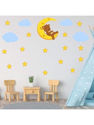 Tilki Dünyası Ay Üzerinde Uyuyan Tatlı Ayıcık Mavi Bulutlar ve Yıldızlar