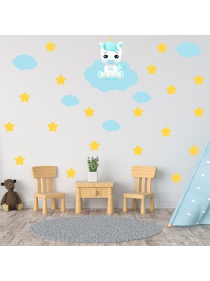 Tilki Dünyası Mavi Bulut Üzerinde Sevimli Unicorn 2 Mavi Bulutlar ve Sarı Yıldızlar