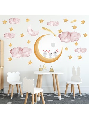 Tilki Dünyası Sevimli Tavşanlar Yıldızlar Pembe Bulutlar Çocuk Odası Sticker