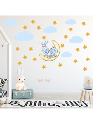 Tilki Dünyası Sevimli Tavşanlar Sarı Yıldızlar ve Mavi Bulutlar Dekoratif Bebek Çocuk Odası Duvar Sticker