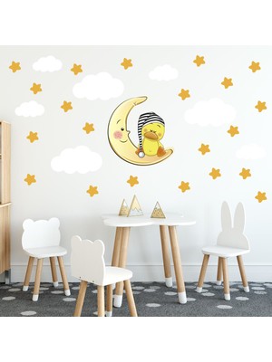 Tilki Dünyası Uyuyan Sevimli Ördek Turuncu Yıldızlar Beyaz Bulutlar Dekoratif Bebek Çocuk Odası Duvar Sticker