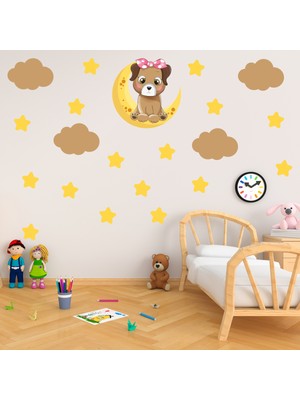 Tilki Dünyası Tatlı Köpekcik Kahverengi Bulutlar ve Sarı Yıldızlar Çocuk Odası Duvar Sticker Seti