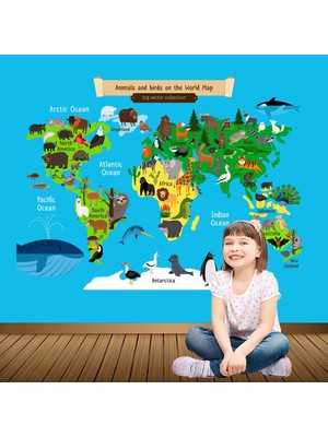 Kt Decoration Özel Koleksiyon Hayvanlı Dünya Haritası Duvar Sticker