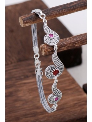 Sümer Telkari Kök Yakut Taşlı Telkari Gümüş Bileklik 3124