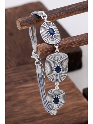 Sümer Telkari Safir Taşlı Tasarım Telkari Gümüş Bileklik 3129