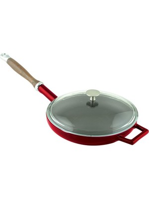 Lava Döküm Kızartma Tavası Çap 24 cm Ahşap Saplı Glaze Kırmızı