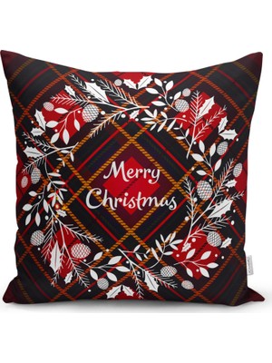 RealHomes Ekose Merry Christmas Desenli Dijital Baskılı Yastık Kırlent Kılıfı