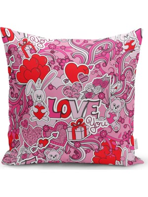 RealHomes Pembe Zeminli Love You Temalı Modern Yastık Kırlent Kılıfı