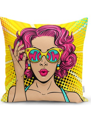 RealHomes Sarı Zeminli Pop Art Girl Desenli Dekoratif Yastık Kırlent Kılıfı