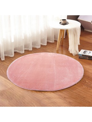 Sarar 80 x 80-cm Yuvarlak Düz Renk Peluş Pofuduk Kaymaz Jel Taban Pembe Renk Halı