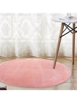 Sarar 80 x 80-cm Yuvarlak Düz Renk Peluş Pofuduk Kaymaz Jel Taban Pembe Renk Halı