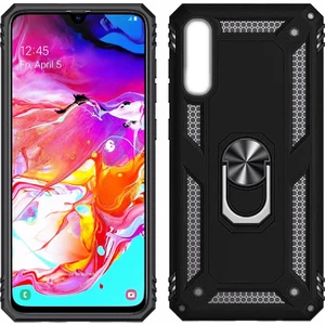 Samsung Galaxy A10 Kılıf Zırh Koruma Yüzüklü Standlı Armor Silikon Kapak + Ekran Koruma Siyah