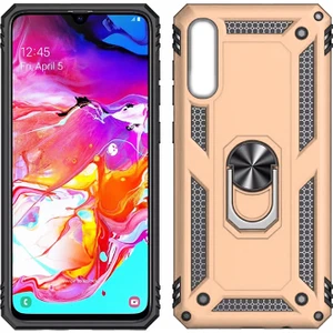 Samsung Galaxy A10 Kılıf Zırh Koruma Yüzüklü Standlı Armor Silikon Kapak + Ekran Koruma Gold