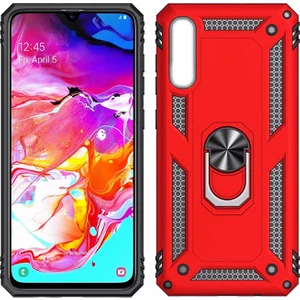 Samsung Galaxy A10 Kılıf Zırh Koruma Yüzüklü Standlı Armor Silikon Kapak + Ekran Koruma Kırmızı