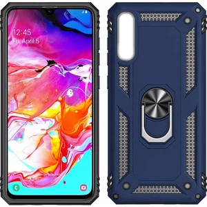 Samsung Galaxy A10 Kılıf Zırh Koruma Yüzüklü Standlı Armor Silikon Kapak + Ekran Koruma Mavi