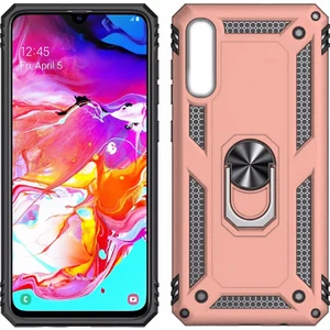Samsung Galaxy A10 Kılıf Zırh Koruma Yüzüklü Standlı Armor Silikon Kapak + Ekran Koruma Rose Gold