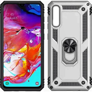 Samsung Galaxy A10 Kılıf Zırh Koruma Yüzüklü Standlı Armor Silikon Kapak + Ekran Koruma Gri