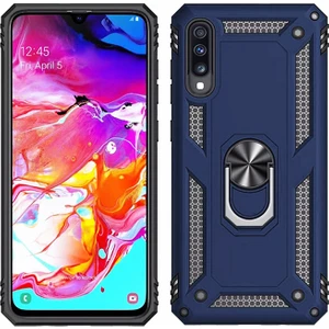 Samsung Galaxy A50 Kılıf Zırh Koruma Yüzüklü Standlı Armor Silikon Kapak + Ekran Koruma Mavi