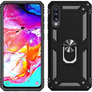 Samsung Galaxy A70 Kılıf Zırh Koruma Yüzüklü Standlı Armor Silikon Kapak + Ekran Koruma Siyah