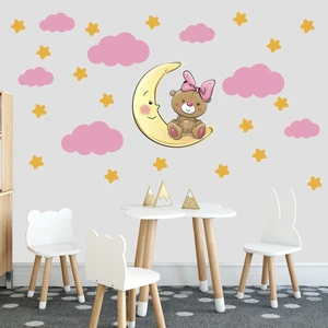 Tilki Dünyası Sevimli Ayıcık Sarı Yıldızlar ve Pembe Bulutlar Dekoratif Bebek Çocuk Odası Duvar Sticker