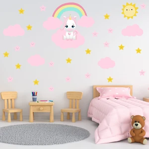 Tilki Dünyası Sevimli Unicorn 2 Yıldızlar Pembe Bulutlar Çocuk Odası Sticker