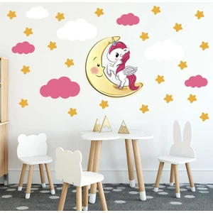 Tilki Dünyası Sevimli Unicorn Sarı Yıldızlar ve Fuşya ve Beyaz Bulutlar Sticker