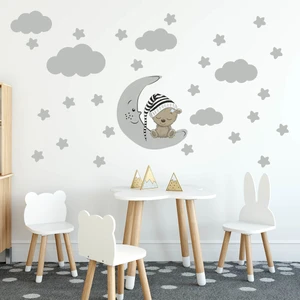 Tilki Dünyası Uyuyan Ayıcık Gri Yıldızlar ve Gri Bulutlar Dekoratif Bebek Çocuk Odası Sticker