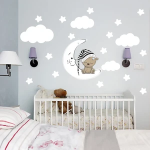 Tilki Dünyası Uyuyan Ayıcık Beyaz Yıldızlar ve Bulutlar Dekoratif Bebek Çocuk Odası Duvar Sticker