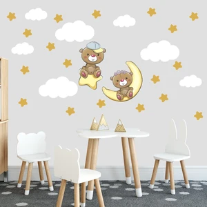 Tilki Dünyası Sevimli Ayıcıklar Sarı Yıldızlar ve Beyaz Bulutlar Dekoratif Bebek Çocuk Odası Duvar Sticker