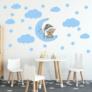 Tilki Dünyası Sevimli Ayıcık Mavi Yıldızlar ve Bulutlar Dekoratif Bebek Çocuk Odası Duvar Sticker