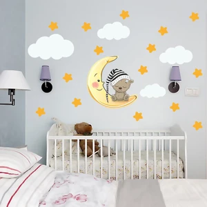 Tilki Dünyası Uyuyan Ayıcık Yıldızlar ve Bulutlar Dekoratif Bebek Çocuk Odası Duvar Sticker