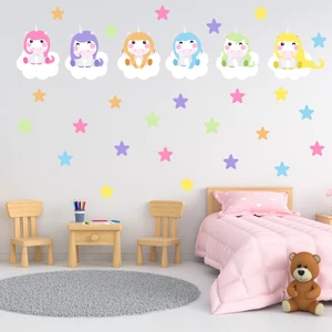 Tilki Dünyası Sevimli Unicornlar Rengarenk Yıldızlar Beyaz Bulutlar Çocuk Odası Duvar Sticker Seti
